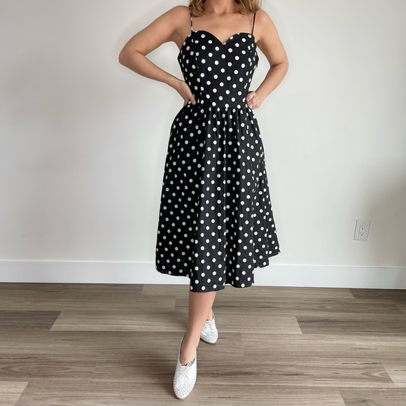 Vintage Sears Black & White Polka Dot Bow Midi Dress (S) - Picture 2 of 9